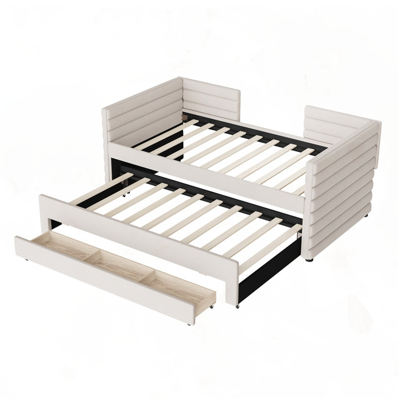 Upholstered Daybed with Trundle and Drawers, Beige