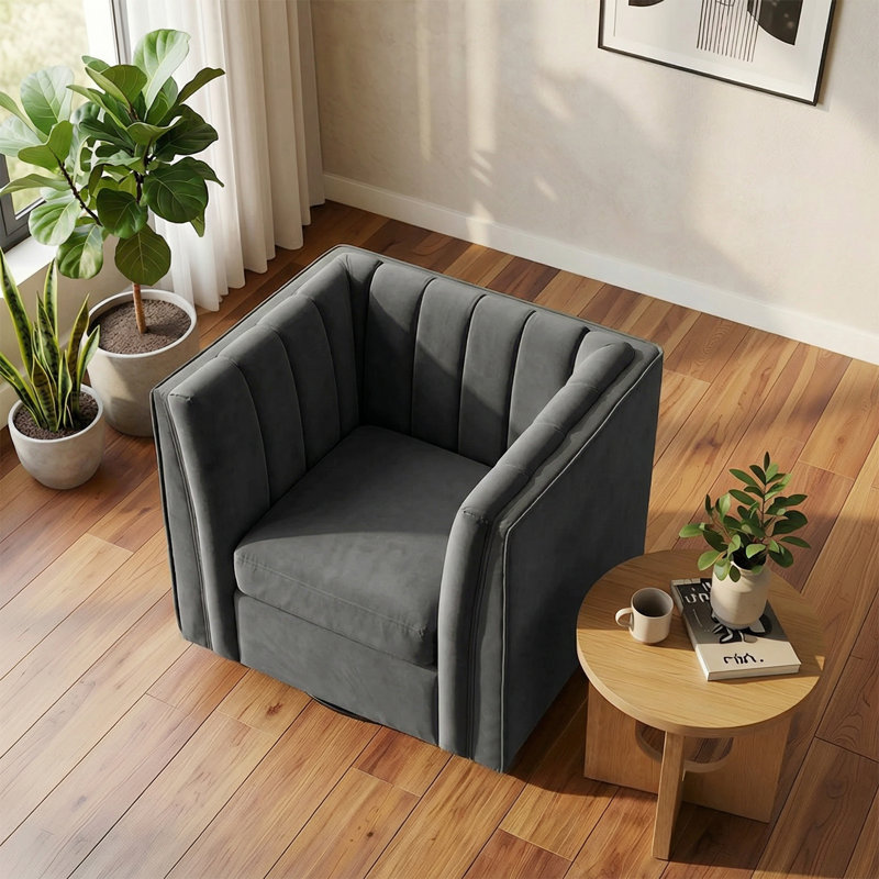 35.4'' Wide Upholstered Swivel Chair, Black Chenille