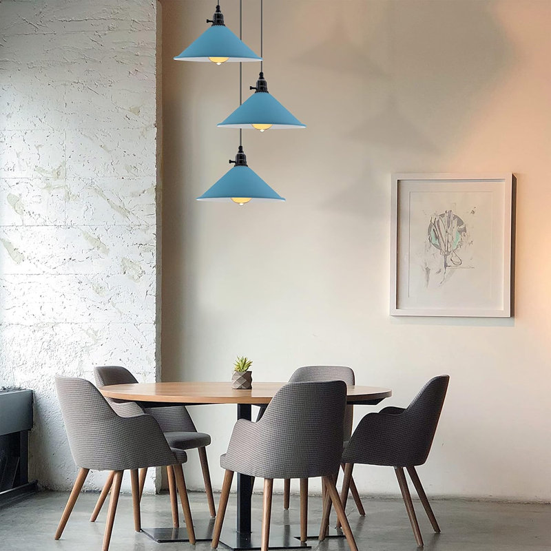 3-Light Cone Pendant Light – Industrial Kitchen Island Ceiling Fixture with Adjustable Height & E27 Bulbs, Yes, Blue