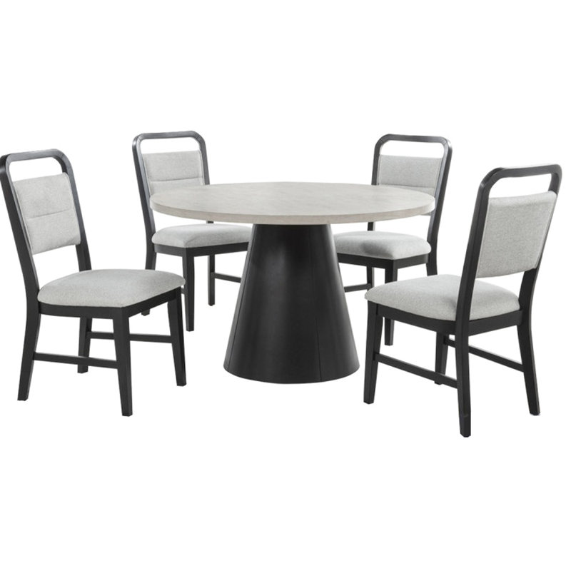 Table ronde contemporaine en bois massif: table en bois massif 5 pièces avec 4 chaises rembourrées grises / noires, sièges rembourrés confortables, base à piédestal ergonomique, sièges modernes à assemblage facile, effort