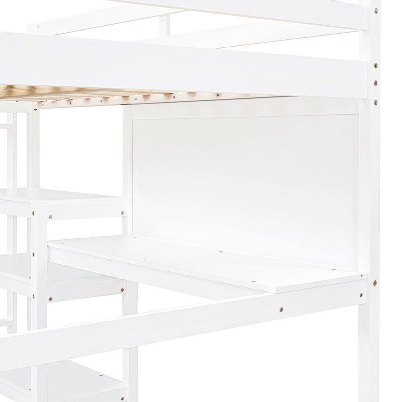 Lit mezzanine double en bois blanc avec tablettes et bureau. Fabrication en pin. Maximisez l'efficacité de l'espace. Polyvalent pour étudier et se détendre. Aucun sommier tapissier requis. L 79,5 po x l 57 po x H 65 po. Supports