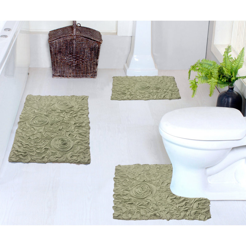Freida Plush Floral Bath Rug Set (Set of 3), Green