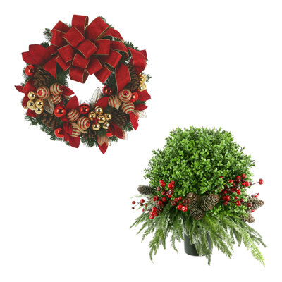 26" Holiday Wreath and UV Rated Boxwood Topiary