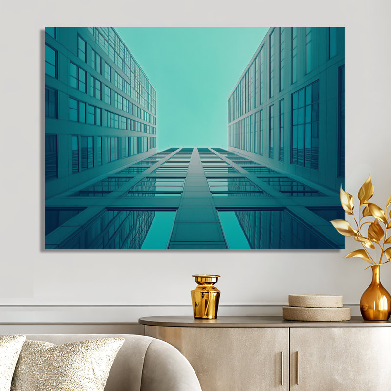 Urban City Perspect I - Blue Architecture, impression sur métal, édifices de la ville, L 44 po x H 34 po