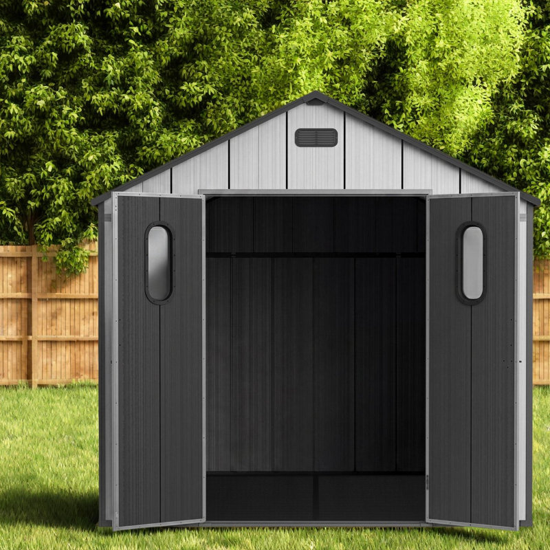 Spacious 8x10 Ft Resin Sheds with Floor, Modern Gray Steel Frame Storage, 119.21*95.62*92.86