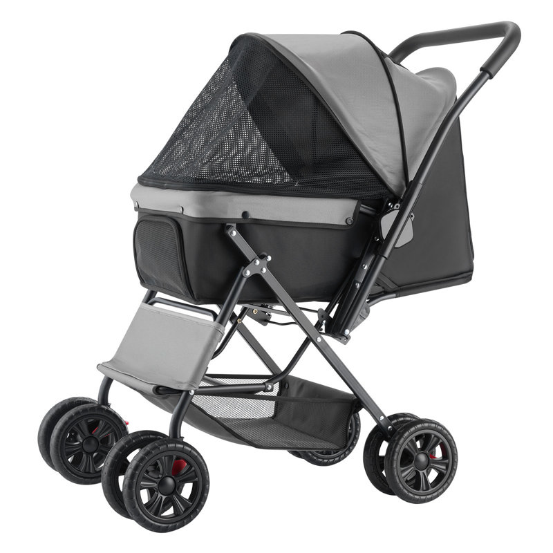 Poussette pour animal de compagnie, capacité de poids de 44 lb, chariot pliable pour poussette pour chien, poussette pour chat à 4 roues avec fenêtres en filet et poignée réversible, poussette portative pour animal avec frein, pour petits et moyens animaux de compagnie