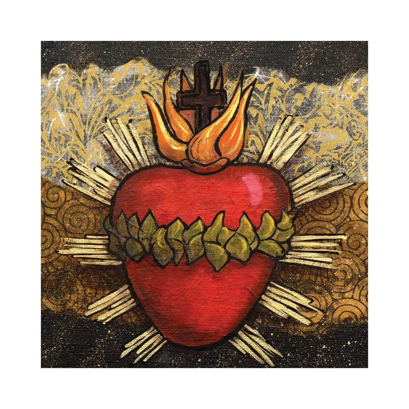 Sacred Heart with Leaves 1 Piece Painting on Canvas, 66.04cm H x 66.04cm W x 3.81cm D, Wrapped Canvas