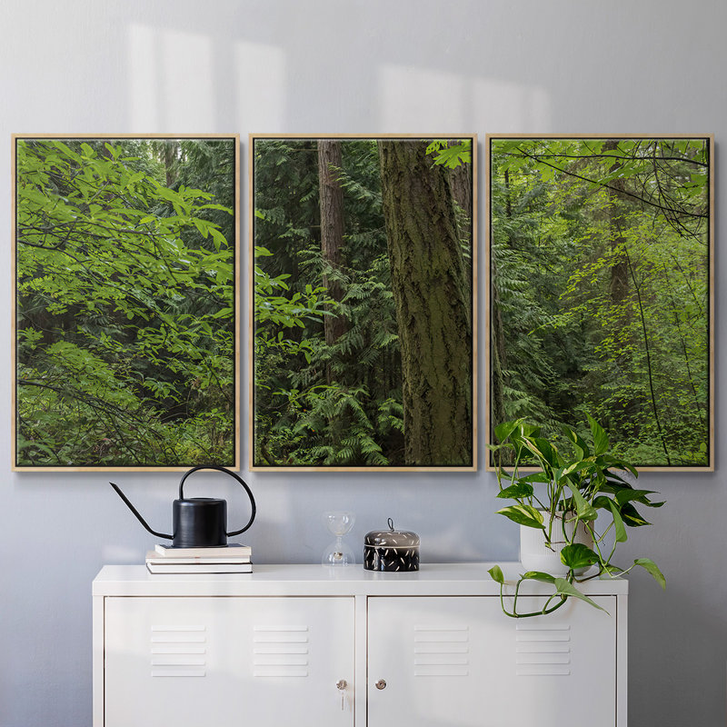 Calme de la forêt, peinture sur toile 3 pièces, H 24 po x l 48 po, Encadré naturel