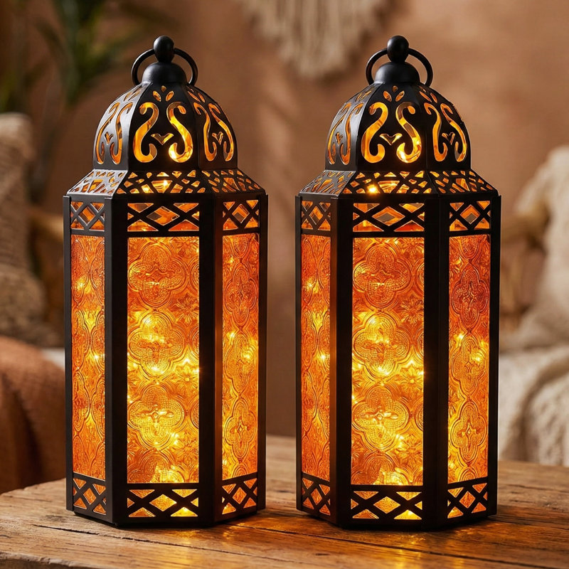 Decorative Moroccan Candle Lantern with LED Fairy Lights, Black/Amber, 10" H x 4.4" W x 3.8" D