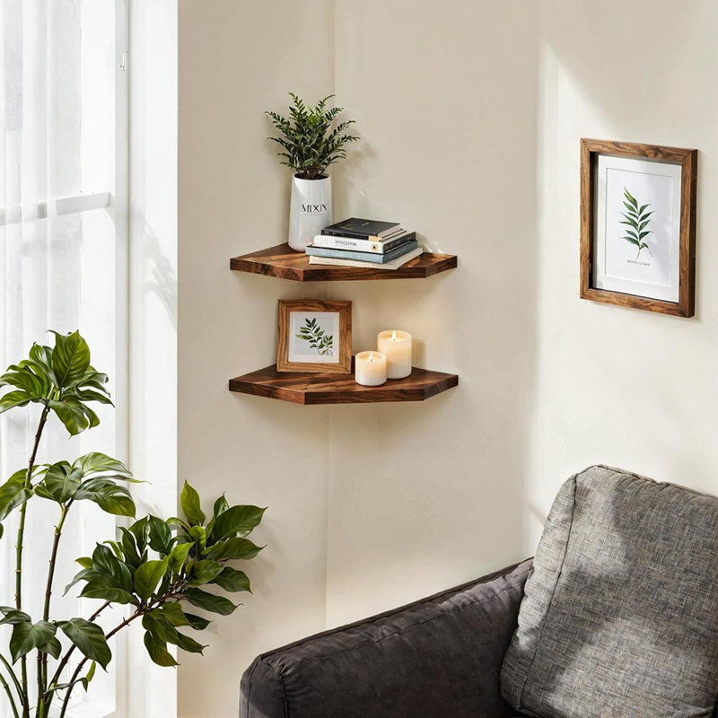 Corner Shelf Wall Mount, Set Of 2 Solid Acacia Wood 11.8 ..., Brown