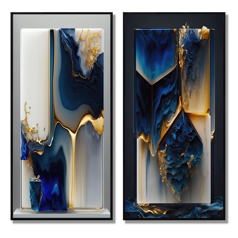 Ensemble de 2 toiles d'art en forme de géode abstraite dorée et bleue, Impression encadrée, Noir, H 32 po x l 32 po
