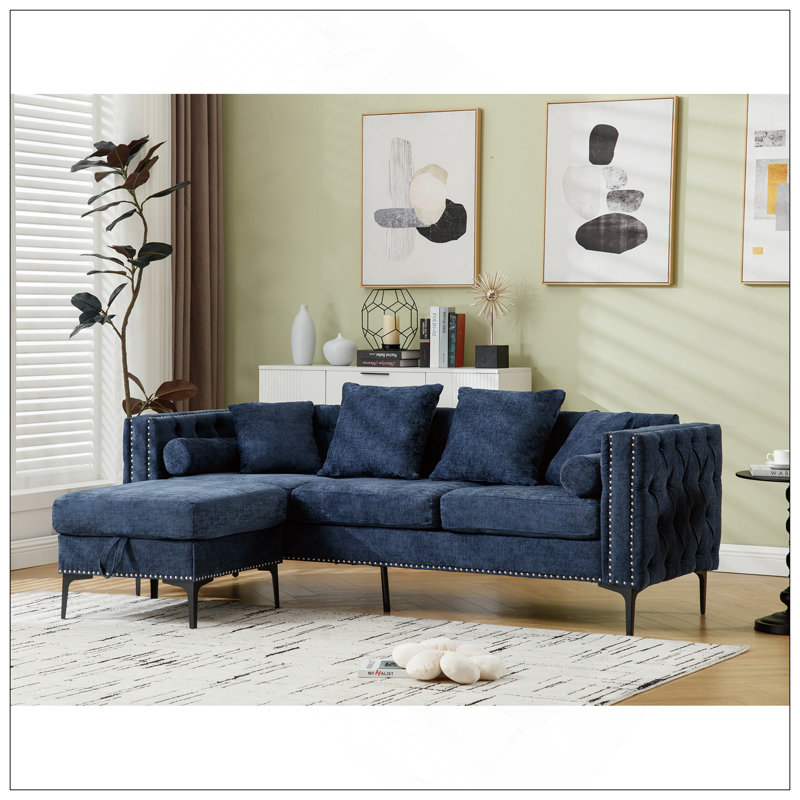 Canapé modulaire en L, repose-pieds convertible avec rangement, chenille, accoudoir carré, canapé capitonné moderne, 3 places et tête de clou