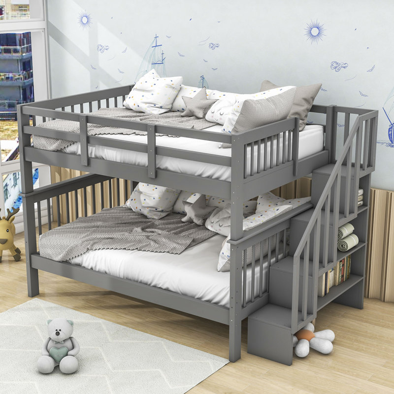 Elvia Full Over Full Wooden Bunk Bed with Stair and Guardrail, Gray