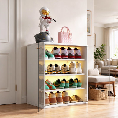 Wooden Stackable 4 Tier Shoe Storage Box With RGB LED Light And Glass Door Shoe Organizer For Bedroom Closet Entryway Premium Sneaker Display Storage Case