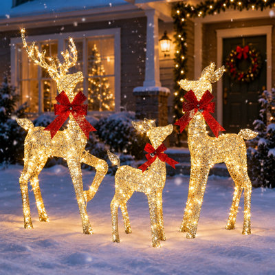 Ensemble de 3 décorations de Noël lumineuses 3D représentant une famille de rennes, pour l'extérieur.