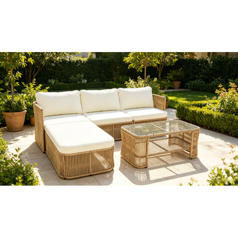 Ensemble de canapé modulaire d'extérieur en rotin foncé foncé avec structure en fer et table basse avec dessus en verre, mobilier de conversation modulaire pour le balcon de la cour arrière