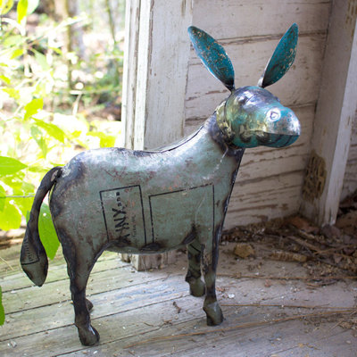  Sculpture d'âne en métal recyclé - 22,5 po faite à la main décorative bleue