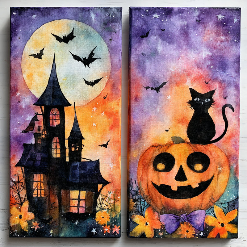«Pumpkin and Cat Duo», art mural sur toile tendue, H 30 po x l 30 po