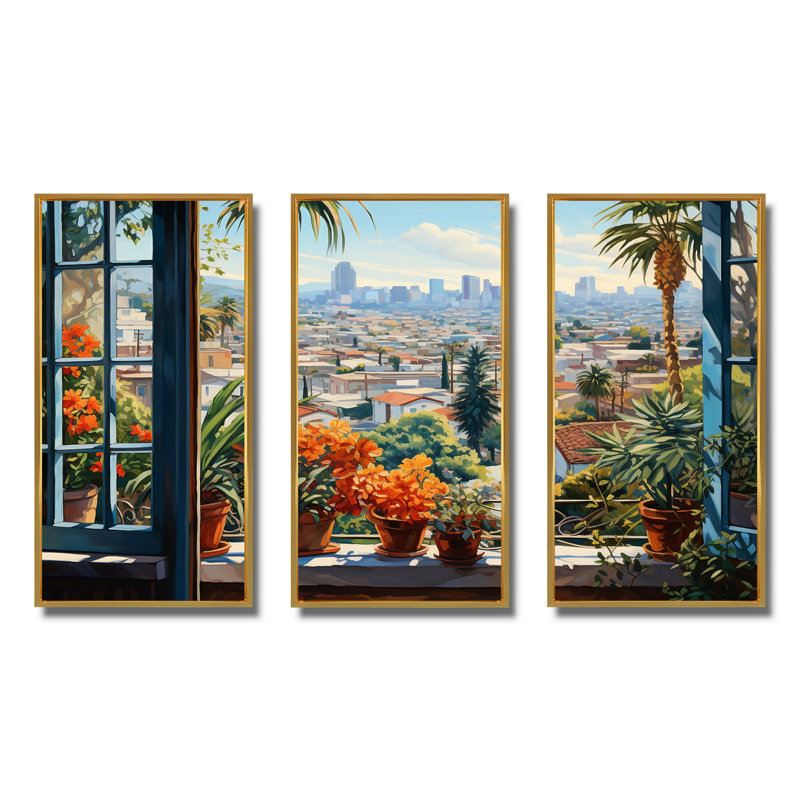 Los Angeles Window View 5 - Los Angeles, art mural, Cadre flottant doré, H 40 po x l 61 po x P 1 po