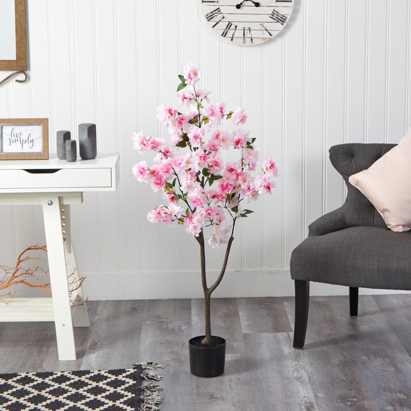 Faux Cherry Blossom Tree in Planter, Pink, 48" H x 23" W x 6" D