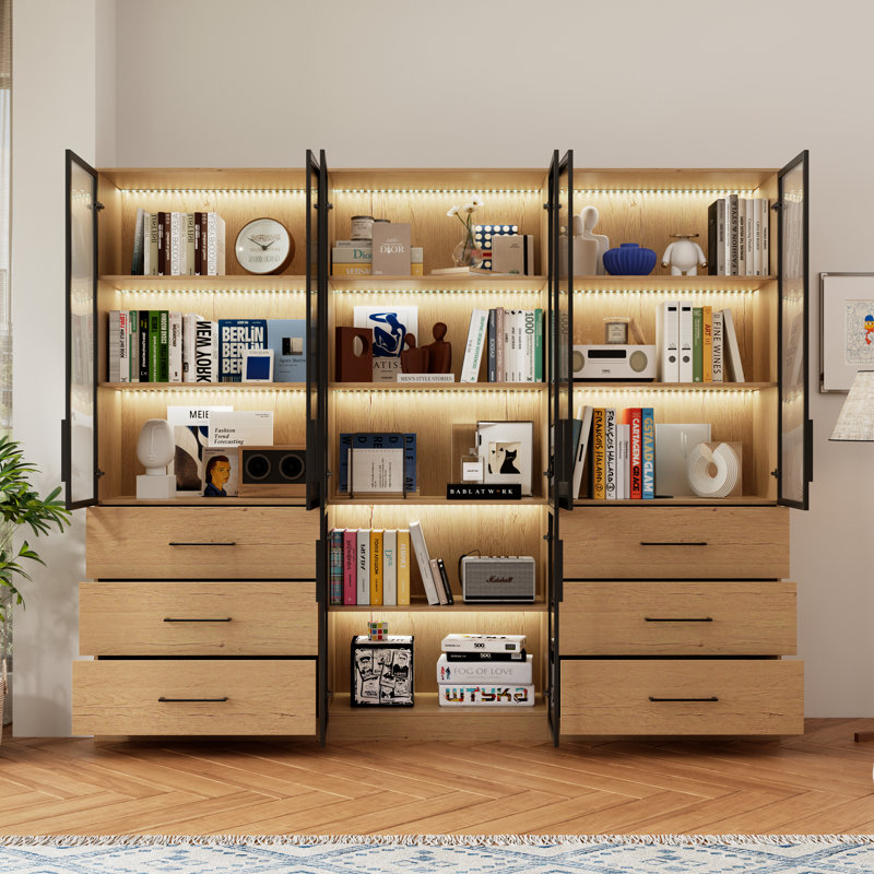 Vitrine en bois de 240 cm de large avec éclairage DEL, bibliothèque à 8 portes vitrées avec 6 tiroirs, structure métallique et étagères ouvertes