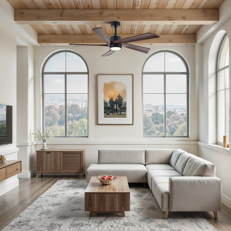 5-Blade Transitional Modern Solid Wood LED Ceiling Fan with Dimmable Light and Remote, 52" Wide