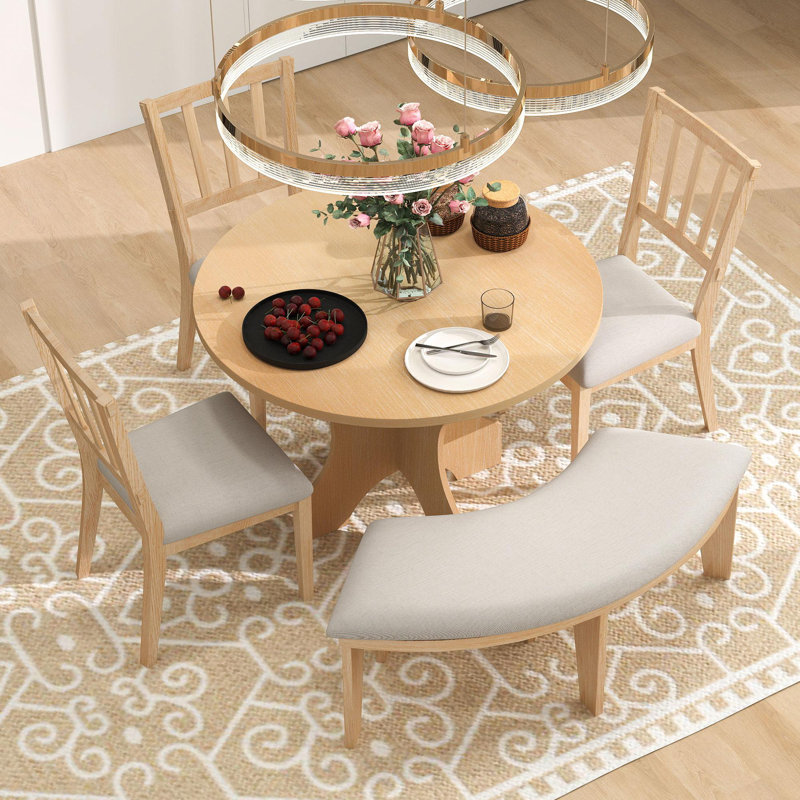 Ensemble de table de salle à manger ronde, ensemble de salle à manger rond rustique 5 pièces avec 3 chaises rembourrées et banc incurvé pour la salle à manger, la cuisine et le salon (naturel)