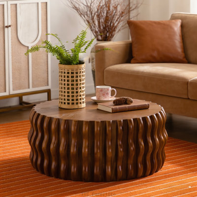 Drum Fluted Round Coffee Table - Mid Century Modern - Sturdy Pedestal - For Living Room