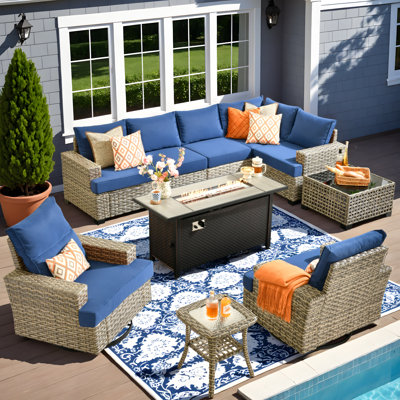 Canapé d'extérieur 10 pièces avec poêle et table basse, taille profonde et coussin épais