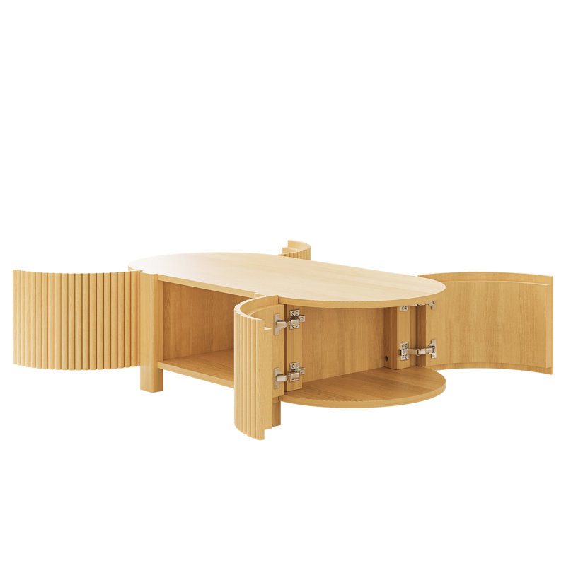 Table basse ovale cannelée avec 1 tablette et 2 portes de rangement ouvertes