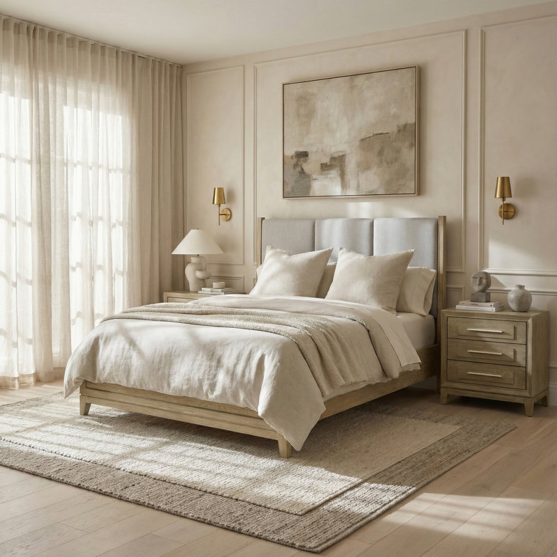 Ensemble de chambre avec grand lit tapissier et deux tables de chevet Chantee, Grand