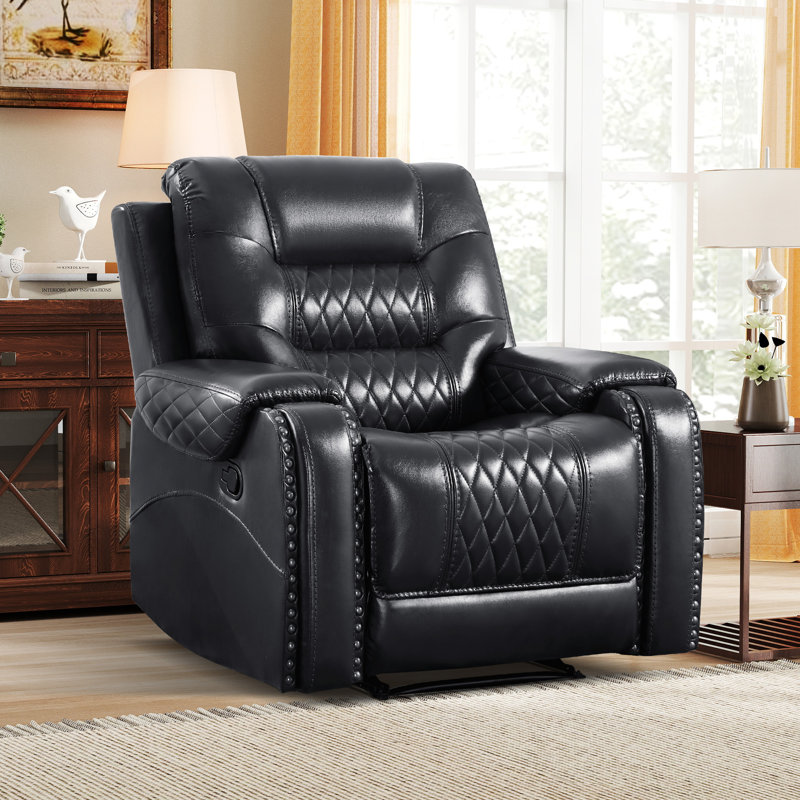 Fauteuil inclinable manuel rembourré Calie de 34,6 po de largeur avec coutures matelassées et garniture cloutée, Noir