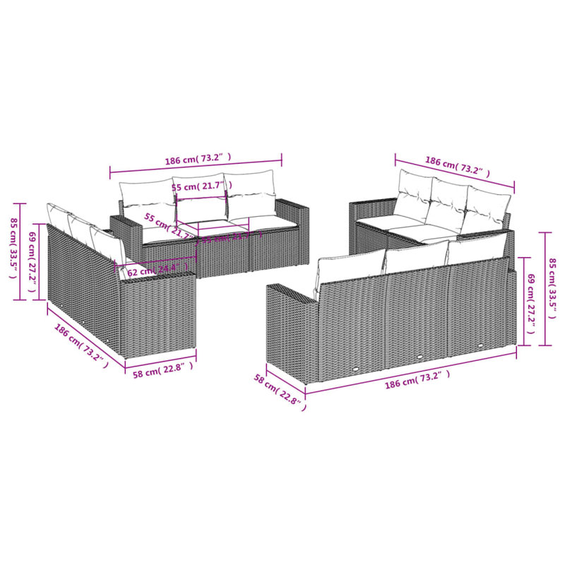 Ensemble de canapé de patio 13 pièces avec coussins en rotin de polyester gris