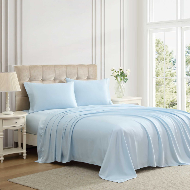 Laura Ashley Satin Bliss Solid Sheet Set, Full Sheet Set with 2 Pillowcases, Satin Bliss Solid Blue