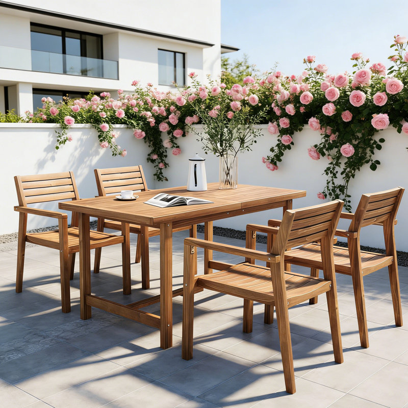 Ensemble de salle à manger 5 pièces en bois d'acacia avec trou pour parasol et 4 chaises ergonomiques, Brun