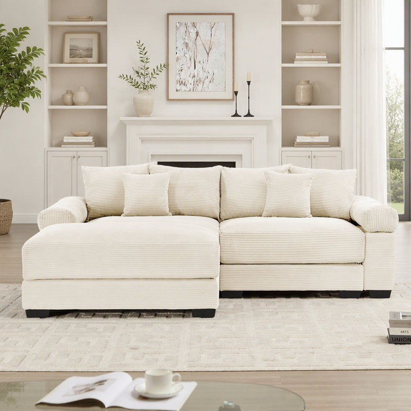 Canapé d'angle modulaire Cloud surdimensionné de 234 cm (92 pouces) avec pouf, tissu velours côtelé doux, assise profonde, larges accoudoirs, design ergonomique, 6 coussins décoratifs, montage facile, couleur crème