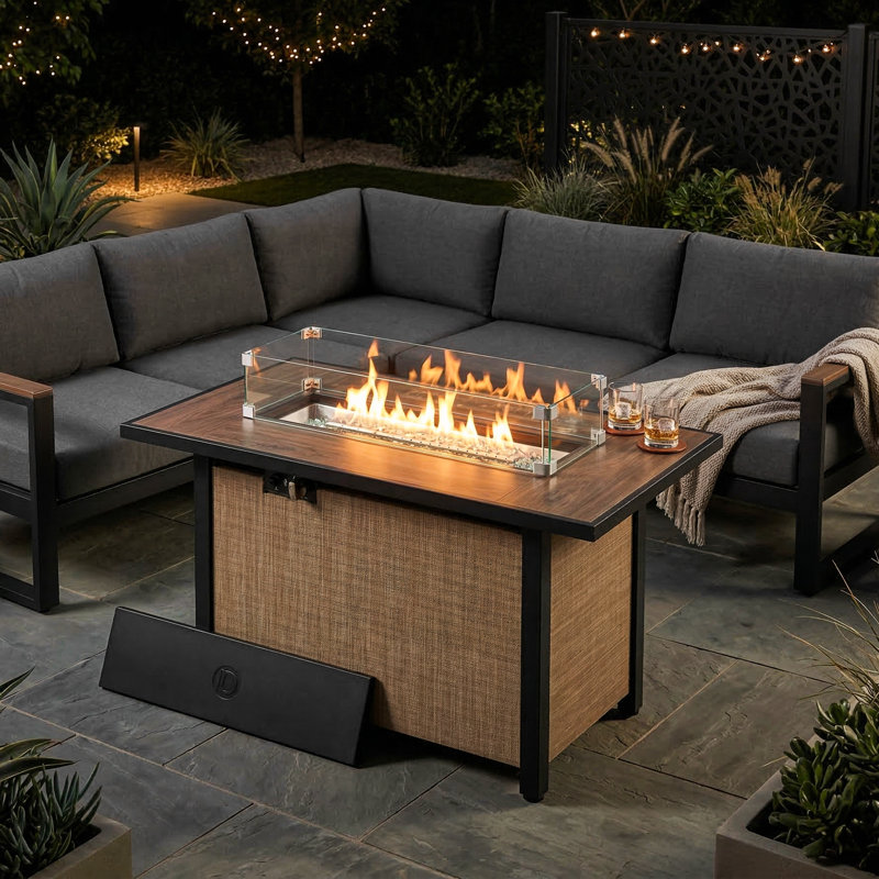 Outdoor 43’’ Fire Pit Table, 50,000 Btu Propane Fire Pit With Wind Guard