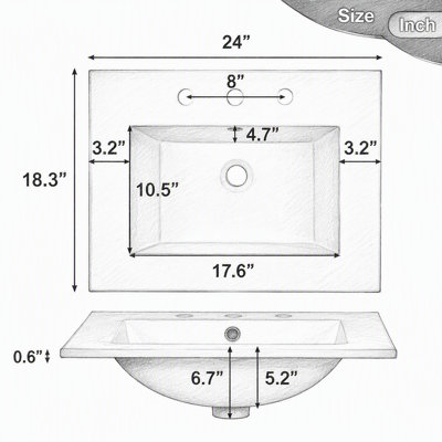 Meuble-lavabo 24 po avec lavabo en céramique, structure en bois massif et armoire en panneau de fibres à densité moyenne, tiroir rabattable et 3 tiroirs, support de porte double couche, charnières à fermeture en douceur