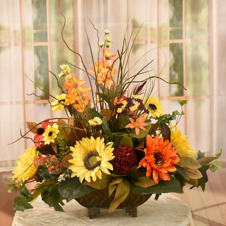 Primrue Faux Silk Sunflower Arrangement in Vase & Reviews
