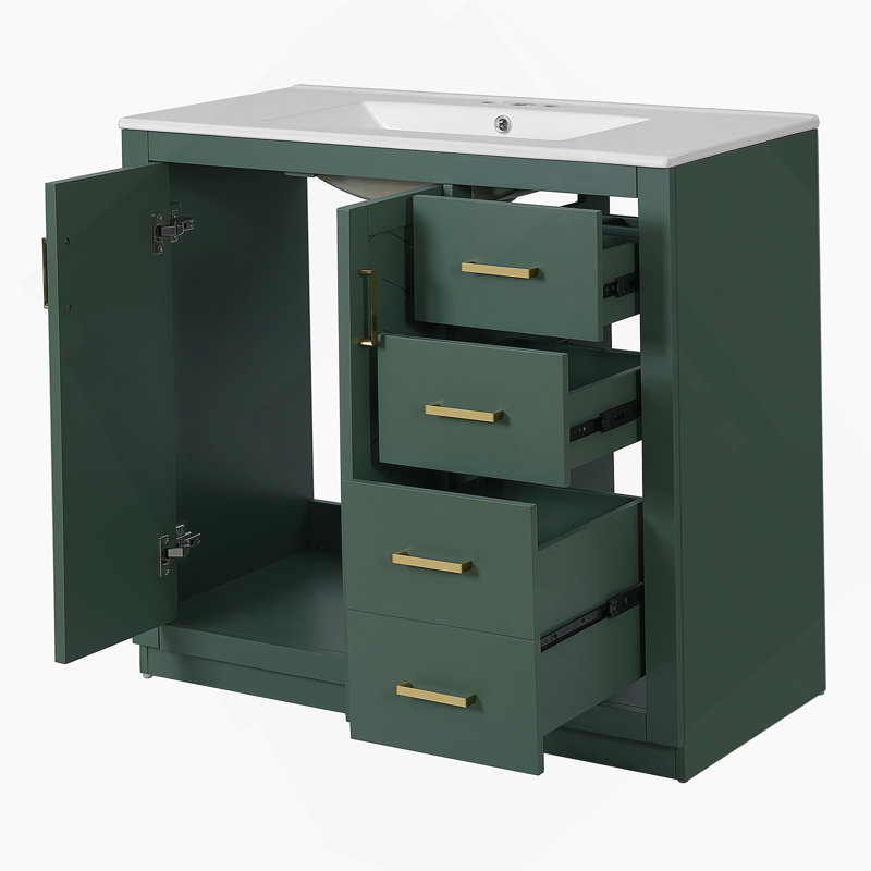 Meuble-lavabo 36 po avec lavabo en céramique, structure en bois massif, 3 tiroirs et portes à fermeture douce pour styles modernes et rétro