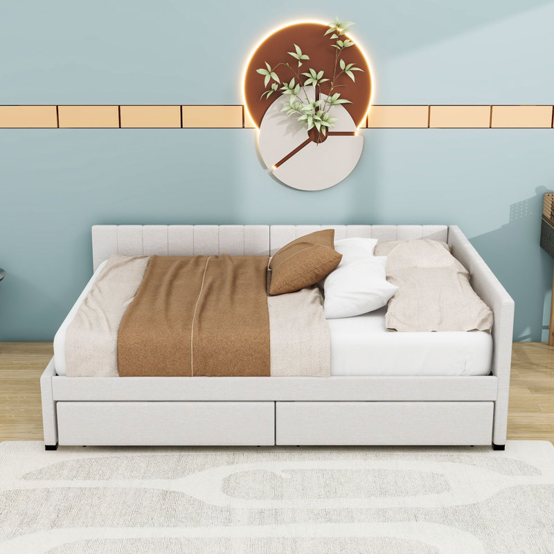 Naoyuki Full Size Linen Daybed with 2 Drawers, Beige