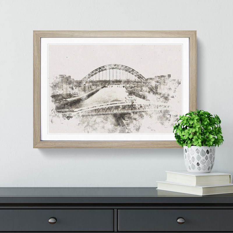 Tyne Bridge Linking Newcastle Watercolour - Picture Frame Graphic Art, 35cm H x 50cm W x 2cm D, Oak
