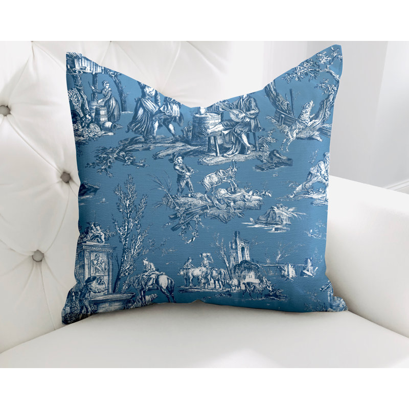 Toile Cotton Reversible Throw Pillow, 15W" x 15H", Blue