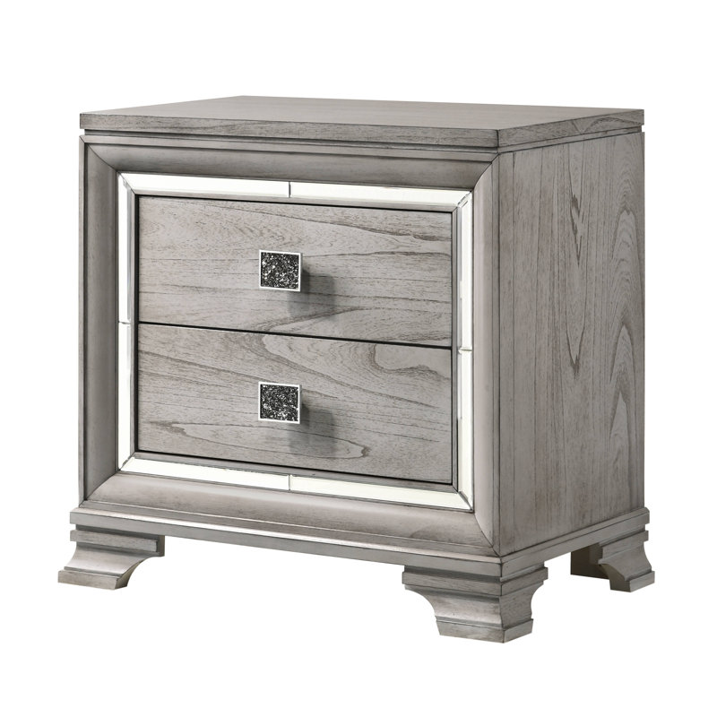 Table de chevet contemporaine à 2 tiroirs avec miroir - 76,2 cm (L) x 44,5 cm (l) x 74,7 cm (H) - Bois massif - Gris pâle