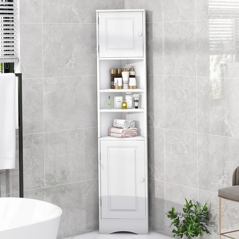 Corner Cabinet For Bathroom Storage With Two Doors, Adjustable Shelves And Open Shelf, Ideal For Saving Space And Organizing Items