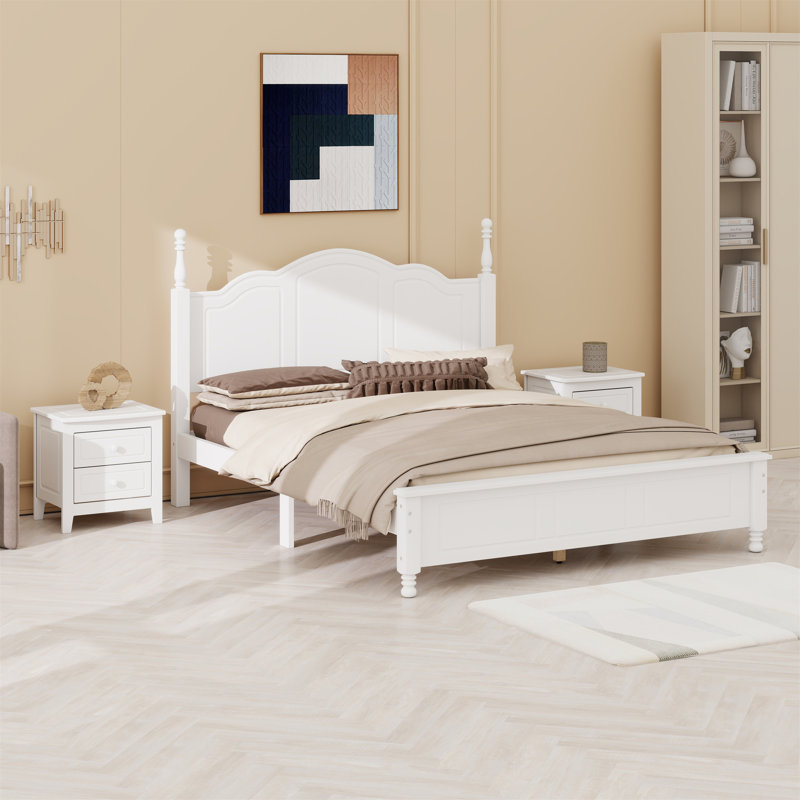 Ensemble de chambre à coucher 3 pièces, lit plateforme en bois et deux tables de chevet, Queen, Blanc