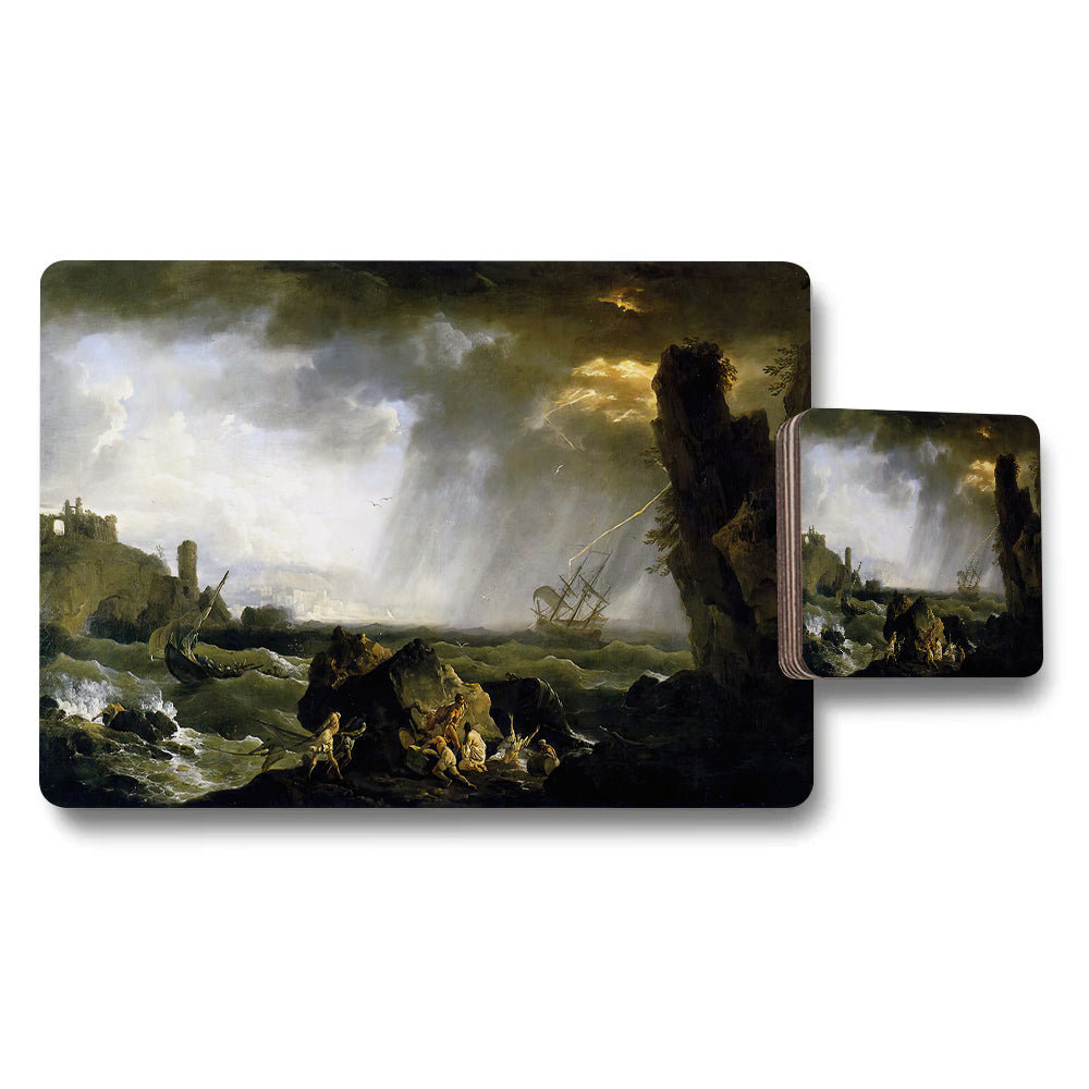 Stormy Seascape Placemats And Coaster Set With Shipwreck Scene