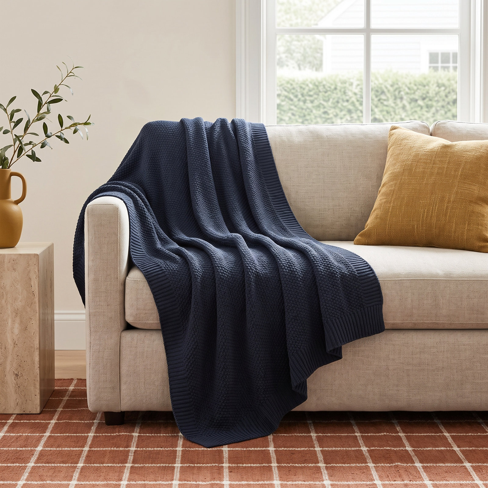 Cotton Knit Throw Blanket, Navy, Throw