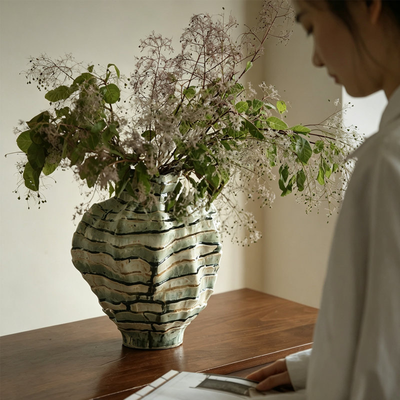 Vase en céramique fait à la main vert sauge Wabi Sabi, H 12,99 po x l 11,81 po x P 7,87 po