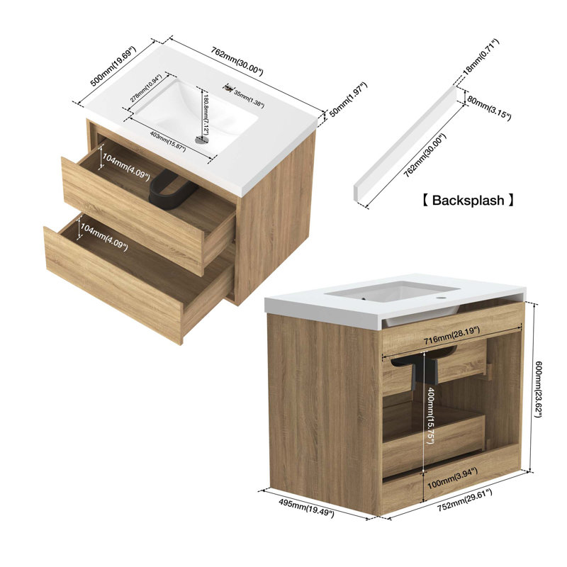 Armoire de meuble-lavabo mural avec lavabo, 30", Bois naturel